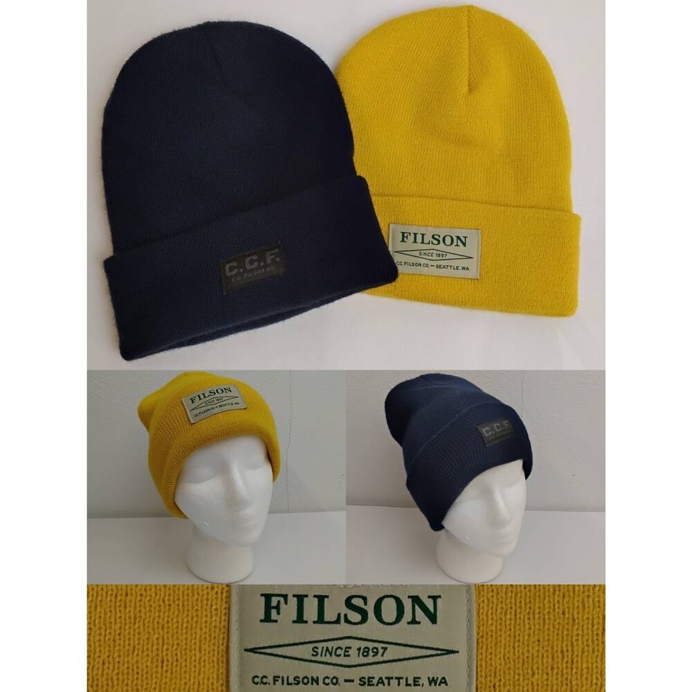 CC Filson Beanies Lot of 2 Knit Hats Navy Blue/Mustard Yellow Made in USA #J5248